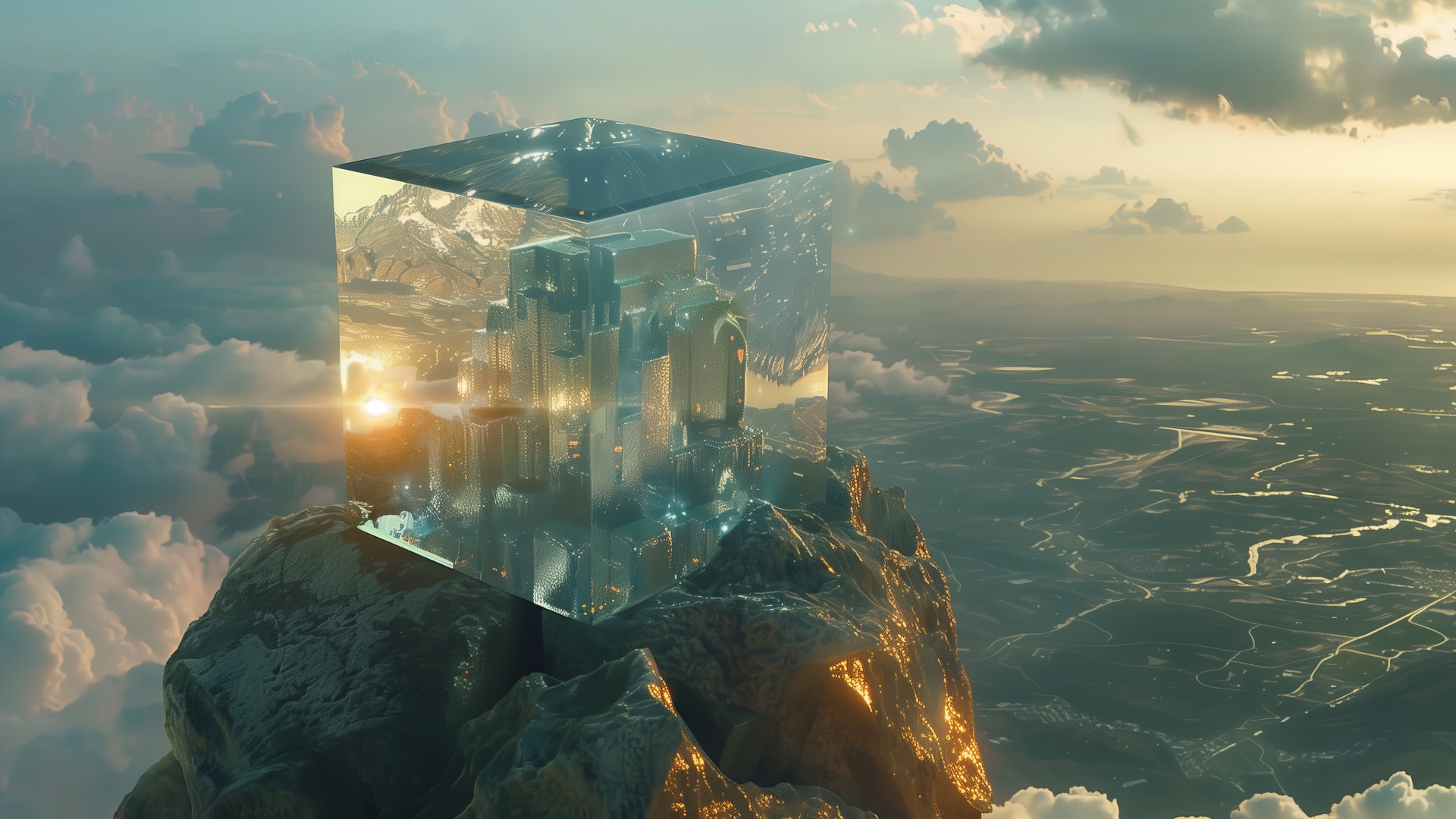 镜头光斑 立方体 水晶 云 山 插图 电脑壁纸 4K壁纸