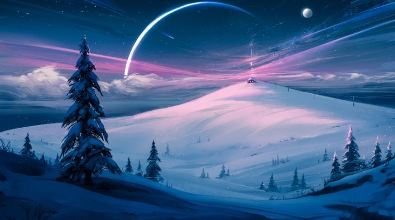 雪，冬天，4K，自然，山，云，树，星星，星空，天空，月亮，4k风景壁纸