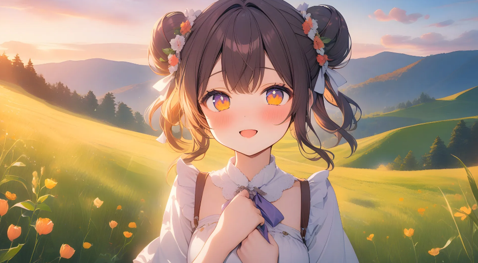 草地 微笑 动漫女孩 AI艺术 电脑壁纸 4K壁纸